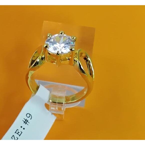 1990s Gold Plated 3.25 CT Size 9 Solitaire Engagement Cocktail Sim Diamond Ring - Picture 3 of 10